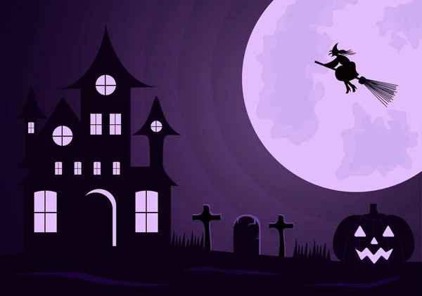 Halloween Night Party Landing Page Ilustración Con Bruja Casa Embrujada — Vector de stock