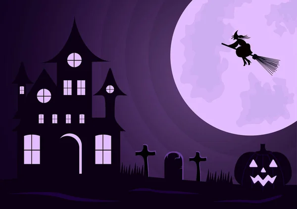 Halloween Night Party Landing Page Illustration Witch Haunted House Pumpkins — Διανυσματικό Αρχείο