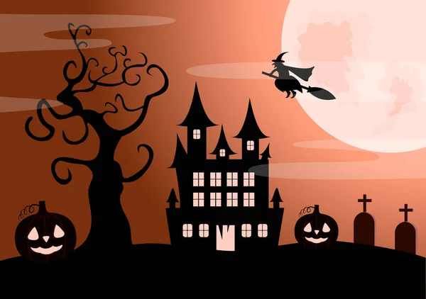 할로윈 나이트 페이지 일러스트레이션 Witch Haunted House Pumpkins Bats Full — 스톡 벡터