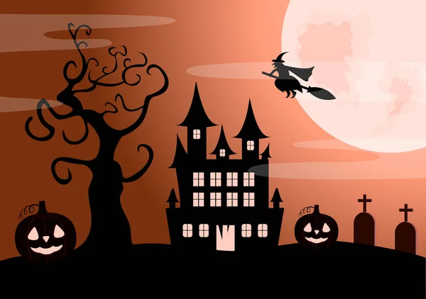 Halloween Night Party Landing Page Ilustración Con Bruja Casa Embrujada — Vector de stock