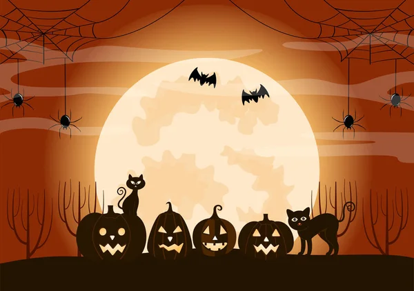 Halloween Night Party Landing Page Ilustración Con Bruja Casa Embrujada — Vector de stock