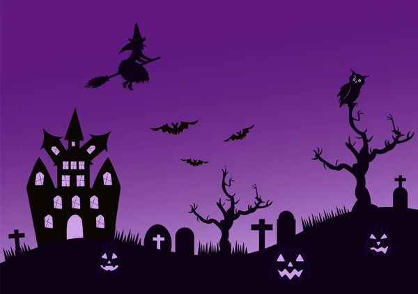Halloween Night Party Landing Page Illustration Witch Haunted House Pumpkins — Διανυσματικό Αρχείο