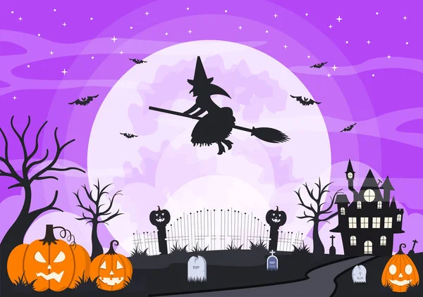 Halloween Night Party Landing Page Ilustracja Czarownicą Nawiedzony Dom Dynie — Wektor stockowy