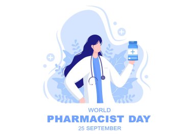 25 Eylül 'de düzenlenen Dünya Eczacılar Günü. Doktor, ilaç ve ilaç konsepti. Arkaplan, Sancak veya Poster İniş Sayfa Gösterimi
