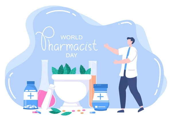 약사의 World Pharmacists Day 열렸다 약사등의 개념이 배경을 포스터 드십시오 — 스톡 벡터