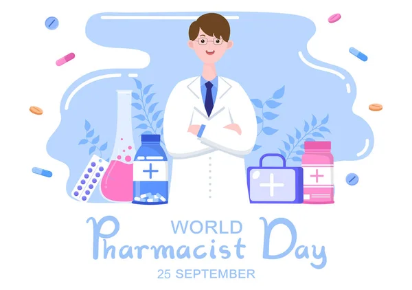 9月25日に開催される世界薬剤師の日 医学および丸薬の概念 バナー ポスターランディングページのベクターイラスト — ストックベクタ