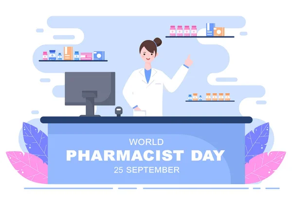 9月25日に開催される世界薬剤師の日 医学および丸薬の概念 バナー ポスターランディングページのベクターイラスト — ストックベクタ