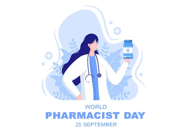 Giornata Mondiale Dei Farmacisti Che Tiene Settembre Dottore Medicina Pillole — Vettoriale Stock