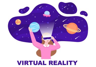 Sanal gerçeklik dünyasında eğlence ya da eğitim için yapılan seyahatlerin oyun ekipmanları simülasyonlarıyla VR gözlükleri. Arkaplan Vektör İllüstrasyonu
