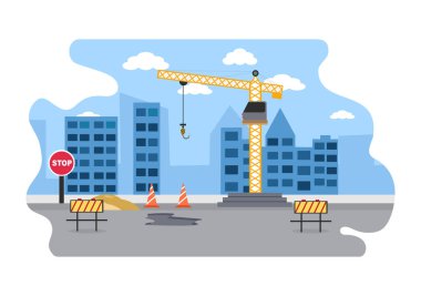 Yapı Vektörü illüstrasyonunun Yapımı. Mimarlık Vakfı, Beton Dökümü, Kazı Kazıları, Makine Kulesi Turnaları Yapıyor. Gayrimenkul Çizgi Film Şirketi