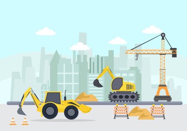 Yapı Vektörü illüstrasyonunun Yapımı. Mimarlık Vakfı Yapıyor, Beton Döküyor, Kazı Kazıları, Makine Kulesi Vinçleri ve Kepçeleri Kullanıyor. Gayrimenkul Çizgi Film Şirketi