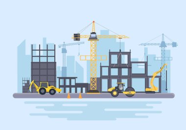 Yapı Vektörü illüstrasyonunun Yapımı. Mimarlık Vakfı, Dökülen Beton, Kazı Kazıları, Makine Kulesi Turnaları, Yığın Sıkıcı Ekipman ve Kepçeler Yapıyor. Gayrimenkul Çizgi Film Şirketi