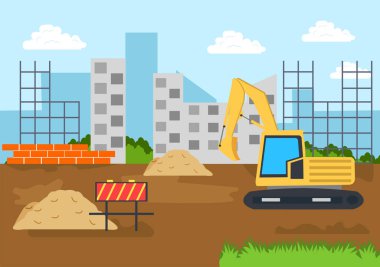 Yapı Vektörü illüstrasyonunun Yapımı. Mimarlık Vakfı, Beton Dökümü, Kazı Kazıları, Makine Kulesi Turnaları Yapıyor. Gayrimenkul Çizgi Film Şirketi