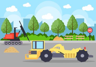 Yapı Vektörü illüstrasyonunun Yapımı. Mimarlık Vakfı, Dökülen Beton, Kazı Kazıları, Makine Yığını Sıkıcı Ekipman ve Traktör Yapıyor. Gayrimenkul Çizgi Film Şirketi