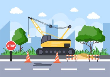 Yapı Vektörü illüstrasyonunun Yapımı. Mimarlık Vakfı, Dökülen Beton, Kazı Kazıları, Makina Kulesi Turnaları ve Sürükleme Hattı Kazıcı Yapıyor. Gayrimenkul Çizgi Film Şirketi