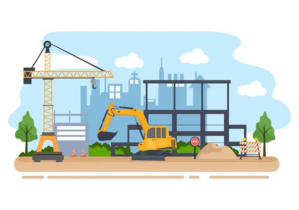 Construction Building Vector Illustration Architecture Makes Foundation Pours Concrete Digs — Vector de stock