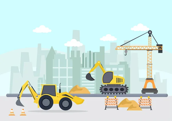 Construction Building Vector Illustration Architecture Makes Foundation Pours Concrete Excavator — Vector de stock