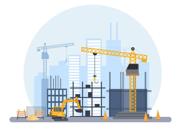 Construction Building Vector Illustration Architecture Makes Foundation Pours Concrete Excavator — Image vectorielle