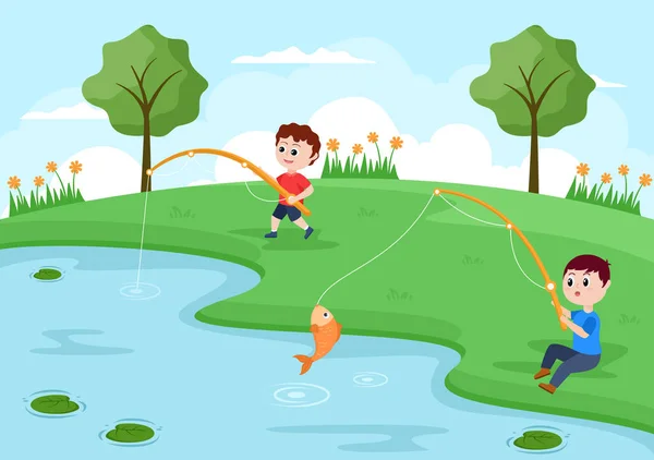 Dzieci Wędkowanie Ryb Nad Rzeką Przy Jednoczesnym Korzystaniu Jakości Czasu — Wektor stockowy