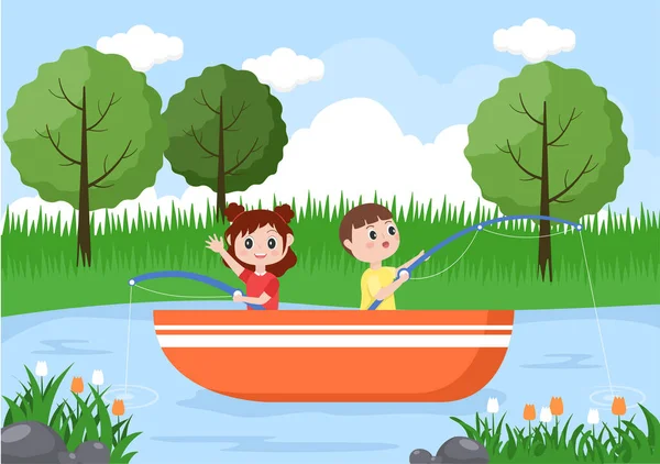 Dzieci Wędkowanie Ryb Nad Rzeką Przy Jednoczesnym Korzystaniu Jakości Czasu — Wektor stockowy