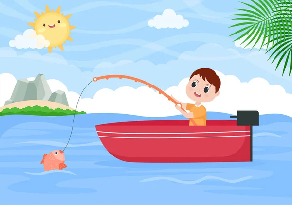 Children Fishing Fish River While Enjoying Quality Time Summer Day — Vector de stock