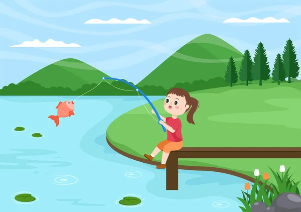 Children Fishing Fish River While Enjoying Quality Time Summer Day — Vector de stock