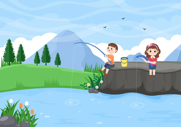 Children Fishing Fish River While Enjoying Quality Time Summer Day — Vector de stock