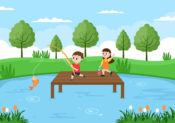 Children Fishing Fish River While Enjoying Quality Time Summer Day — Stock Vector