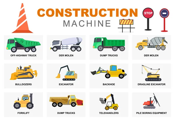 Set Construction Machine Real Estate Vector Illustration Various Types Truck — Stock Vector