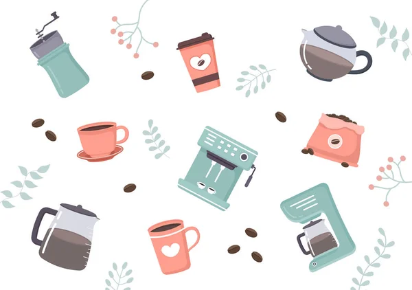 Kaffe Cup Bakgrund Vektor Platt Illustration Med Kakao Bönor Korn — Stock vektor