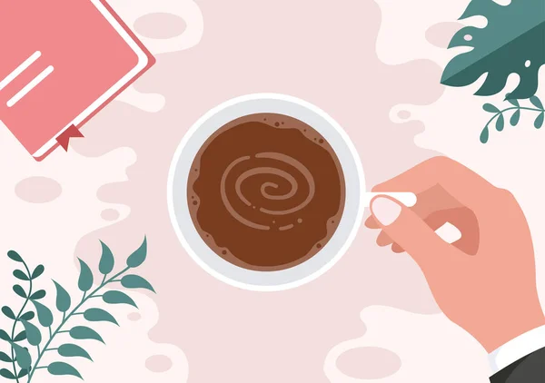 咖啡杯背景矢量与可可豆 谷物和果汁的平面插图 适用于冷饮或热饮 — 图库矢量图片