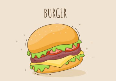 Şirin Hamburger Fast Fast Fason Vektör İlülasyonu Tazeleyici Malzemeleri ile. Düz Tasarımlı Lezzetli Resim Yemekleri