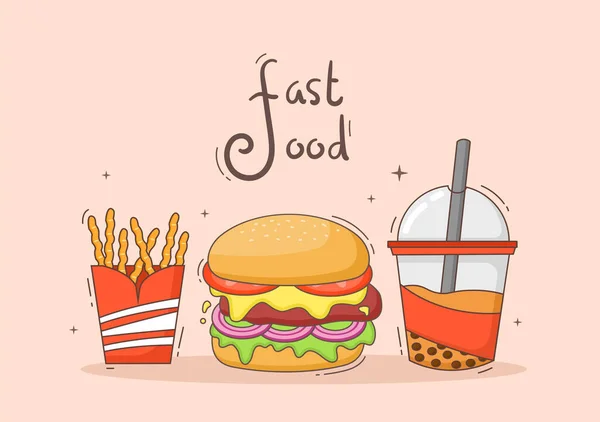 Cute Burger French Fries Cola Fast Food Background Vector Illustration — Stock Vector