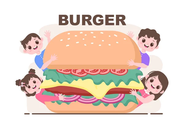 Child Eating Fast Food Background Vector Illustration Foods Burger Pizza — Stock Vector