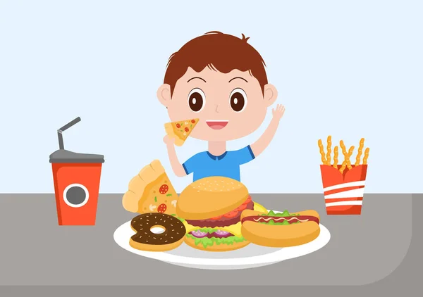 Niño Está Comiendo Comida Rápida Antecedentes Ilustración Vectorial Con Alimentos — Vector de stock