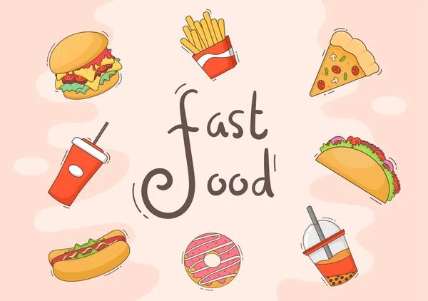 Set Fast Food Background Vector Illustration Foods Burger Pizza Donuts — Stock Vector