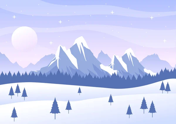 白い雪 山をフラットスタイルデザインで秋の景色と新年の背景ベクトルイラスト — ストックベクタ