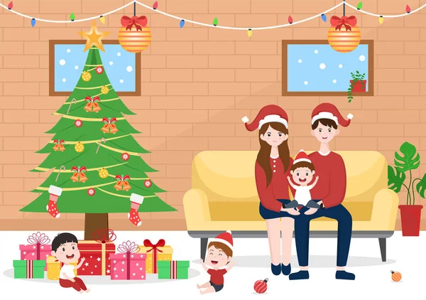 Happy Family Getting Together Christmas Mothers Fathers Children Living Room — Stock Vector