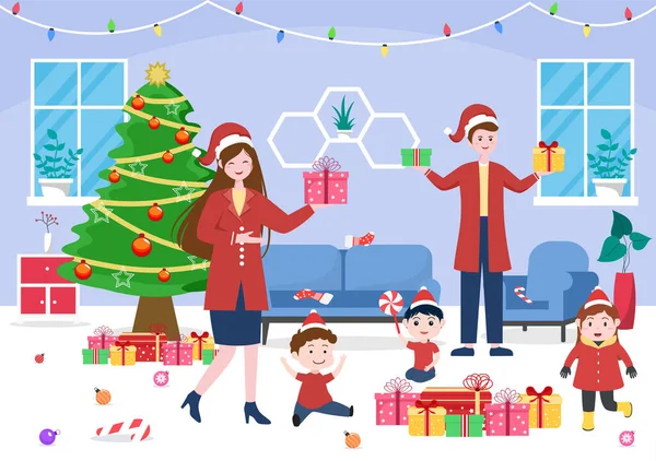 Щаслива Сім Збирається Разом Різдво Матері Батьки Діти Вітальні Дерево — стоковий вектор