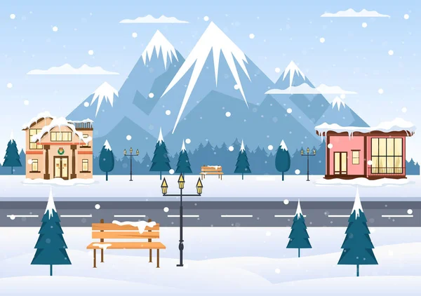 家の背景と冬の風景 パノラマの雪 木や山のシルエット クリスマス ハッピーニューイヤーベクトルイラスト — ストックベクタ