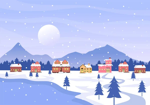 Paisaje Invierno Con Fondo Casa Nevadas Panorámicas Ciudad Árboles Silueta — Vector de stock