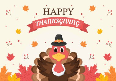 Çizgi film Türkiye, Yapraklar, Tavuk, Balkabağı ve Diğer Dekorasyon veya Arkaplan Vektörü Resimleri İçin Mutlu Şükran Günü Kutlamaları