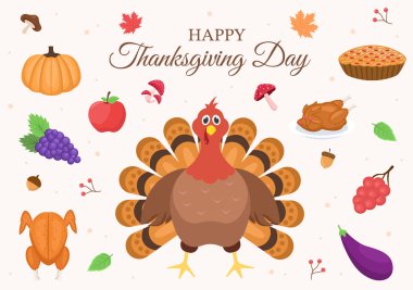 Çizgi film Türkiye, Yapraklar, Tavuk, Balkabağı ve Diğer Dekorasyon veya Arkaplan Vektörü Resimleri İçin Mutlu Şükran Günü Kutlamaları