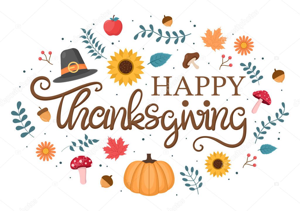 Happy Thanksgiving Celebration with Cartoon Turkey, Leaves, Chicken, Pumpkin and Other For Decoration or Background Vector Illustration