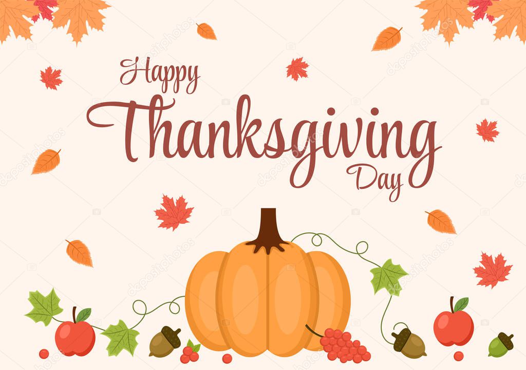Happy Thanksgiving Celebration with Cartoon Turkey, Leaves, Chicken, Pumpkin and Other For Decoration or Background Vector Illustration