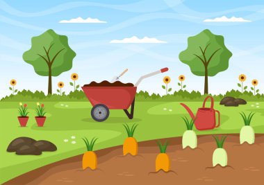 Bahçeler, çiçekler, sebzeler ekilmiş, el arabası, kürek ve Düz Tasarım Malzemeleri Tarlası Tarlası Vektör İllüstrasyonu