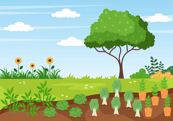 Ilustração Vetor Fundo Jardineiro Fazenda Com Uma Paisagem Dos Jardins — Vetor de Stock