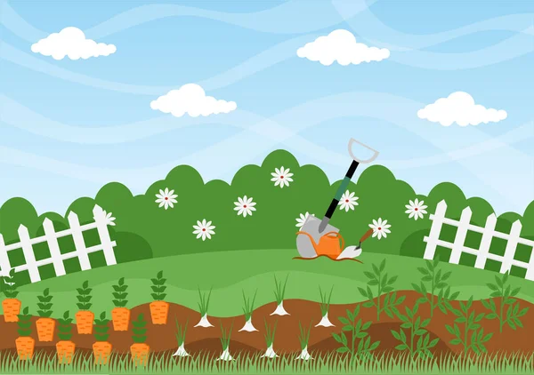 Granja Jardinero Fondo Vector Ilustración Con Paisaje Jardines Flores Verduras — Vector de stock