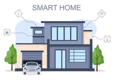 Modern bir konsepte sahip Akıllı Ev Teknolojisi Işık, Isıtma, Havalandırma ve Güvenlik Kontrol Sistemi. Arkaplan Vektör İllüstrasyonu