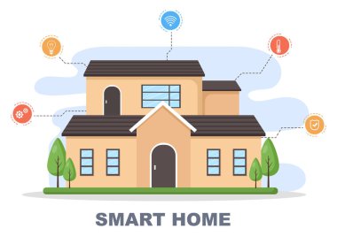 Modern bir konsepte sahip Akıllı Ev Teknolojisi Işık, Isıtma, Havalandırma ve Güvenlik Kontrol Sistemi. Arkaplan Vektör İllüstrasyonu